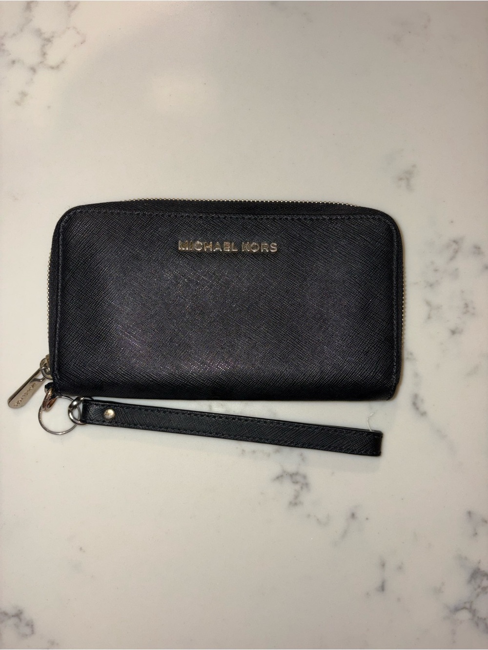 Michael Kors Black Saffiano Zip-Around Wristlet Card Holder with Gold Logo